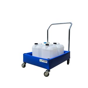 Poly bunded trolley holds 4 x 25 cans, includes bunded shelving and drum dispensers for containment.