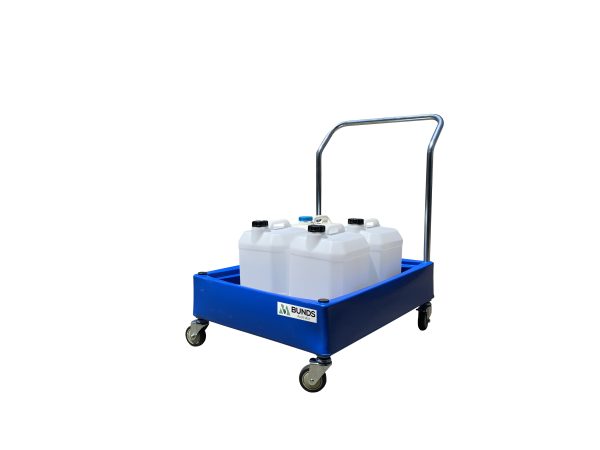 Poly bunded trolley holds 4 x 25 cans, includes bunded shelving and drum dispensers for containment.