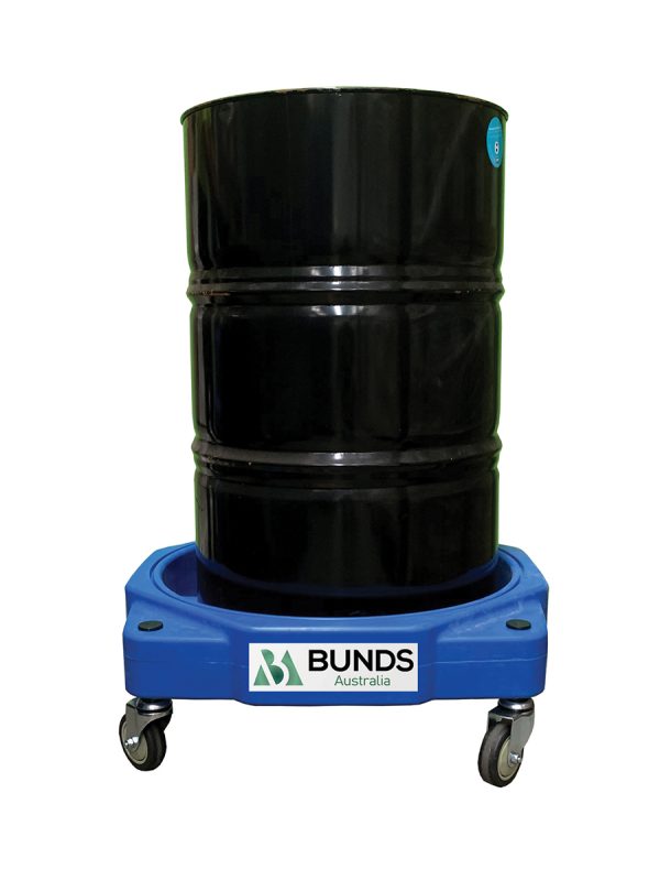 Drum dolly for 1 x 205L drum, designed for bunded shelving and drum dispensers.