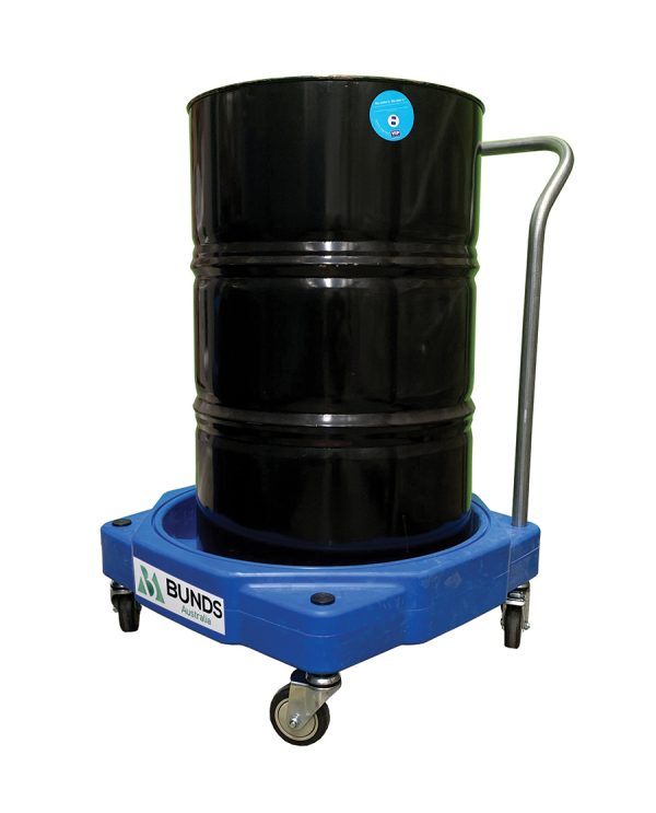 Convenient drum dolly for 1 x 205L drum with handle, perfect for bunded shelving & drum dispensers.