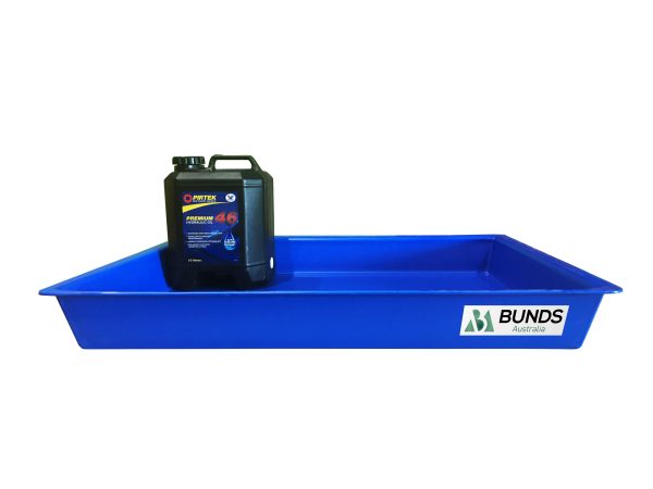 Blue bunding trays for containing spills and leaks, large size.