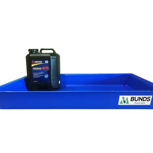 Blue bunding trays for containing spills and leaks, large size.