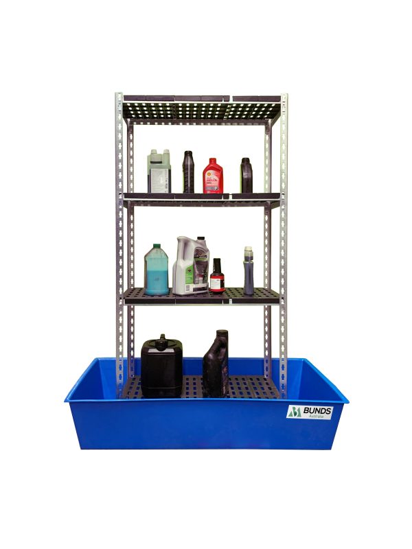 Bunded shelving and drum dispensers designed for containment of hazardous materials.