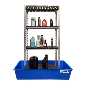 Bunded shelving and drum dispensers designed for containment of hazardous materials.