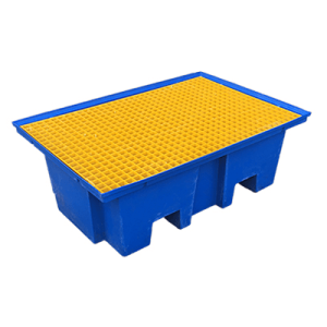 Bunded pallets designed to hold two drums, made of polyethylene.