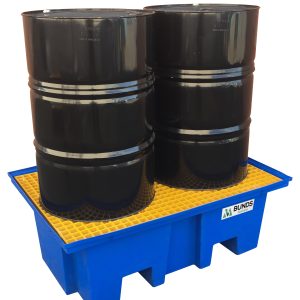 Bunded pallets designed to hold two drums, made of polyethylene.