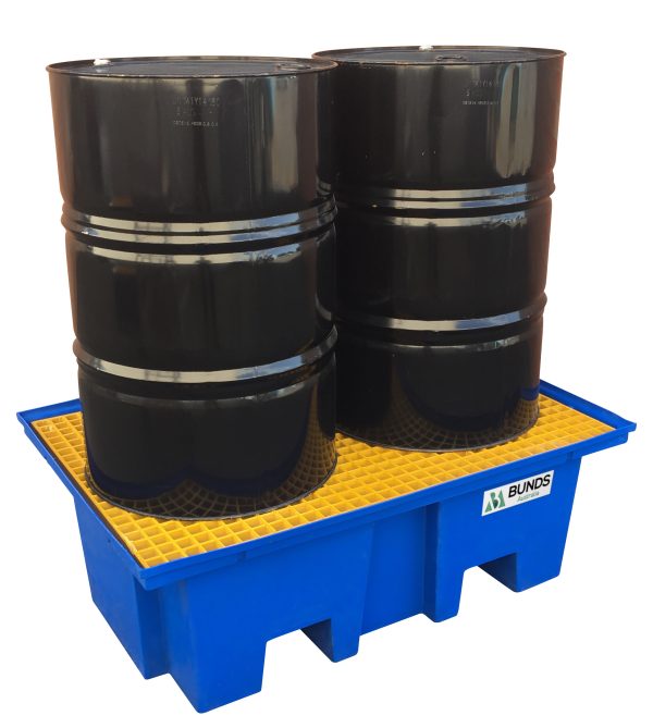 Bunded pallets designed to hold two drums, made of polyethylene.