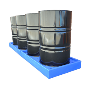 Polyethylene bunded pallet designed for 4 drums, featuring low profile and 2 connectors.