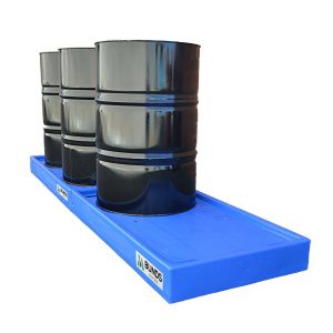 Polyethylene bunded pallet designed for 4 drums, featuring low profile and 2 connectors.