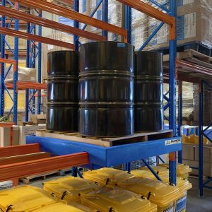 Bunded shelving and drum dispensers with poly racking bund and bung.