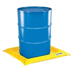 Collapsible Bunds & Wash Mats feature blue barrel on yellow pad for PVC Quickbund.