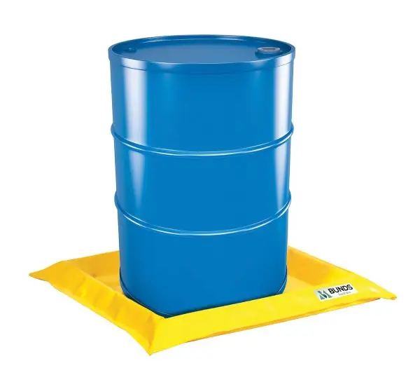 Collapsible Bunds & Wash Mats feature blue barrel on yellow pad for PVC Quickbund.