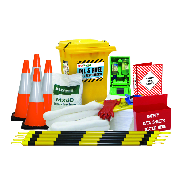 A collection of safety cones arranged neatly, part of the Safety Essentials Package 3 for effective hazard management.