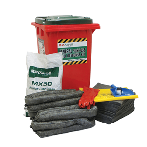 A red 240L general purpose spill kit trash can with gloves and a garbage bag beside it, ready for waste disposal.