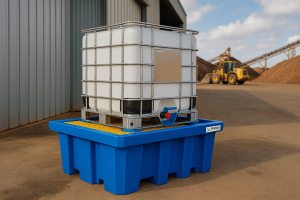 IBC spill containment pallet used for safe outdoor liquid storage at Bunds Australia.